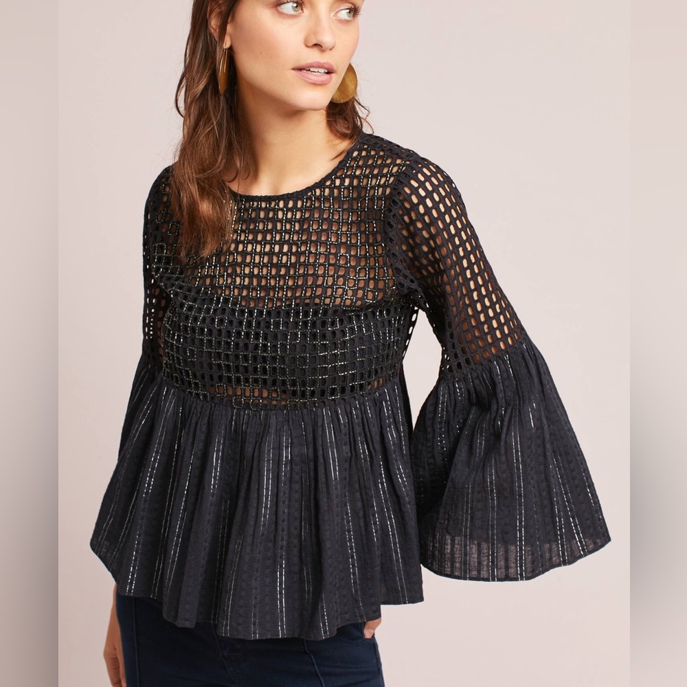 Anthropologie Maeve Black Alameda Bell Sleeve Beaded‎ 100% Cotton Blouse